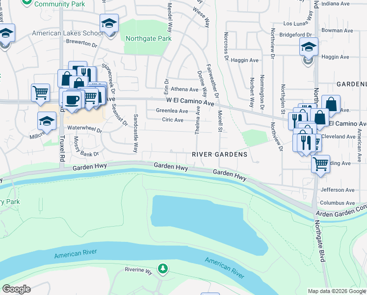 map of restaurants, bars, coffee shops, grocery stores, and more near 2317 Thelma Avenue in Sacramento