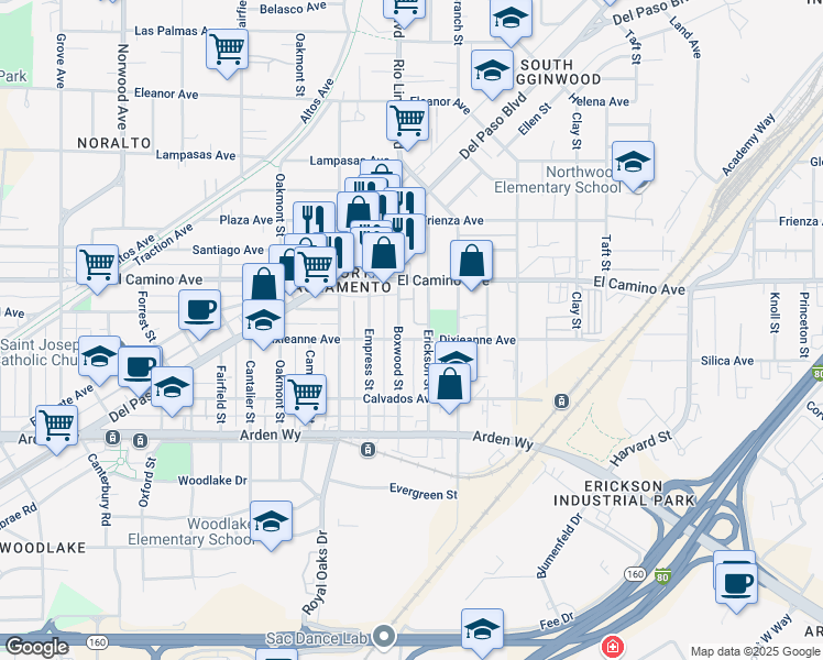 map of restaurants, bars, coffee shops, grocery stores, and more near 2440 Boxwood Street in Sacramento
