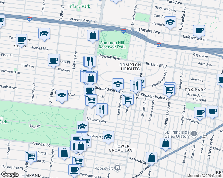 map of restaurants, bars, coffee shops, grocery stores, and more near 3434 Hawthorne Boulevard in St. Louis