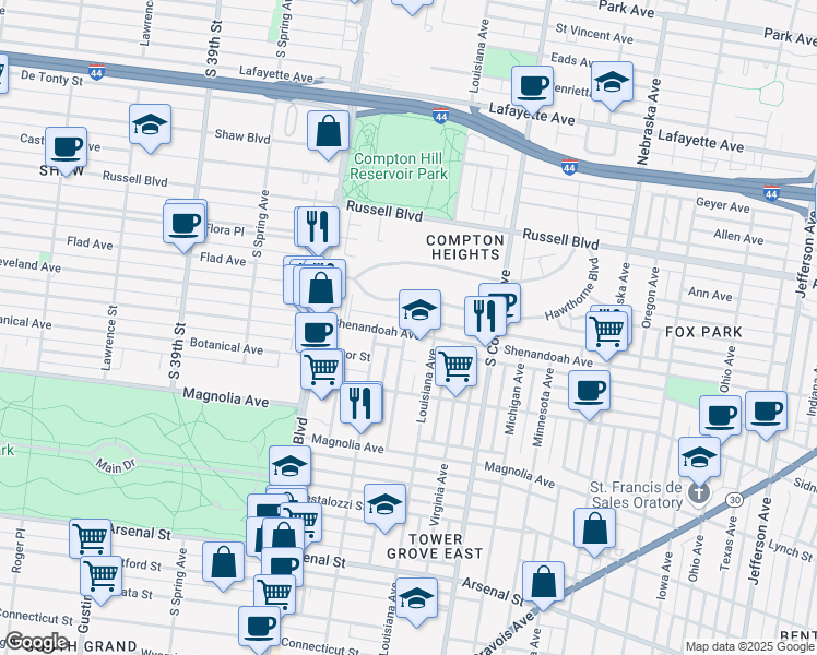 map of restaurants, bars, coffee shops, grocery stores, and more near 3427 Shenandoah Avenue in St. Louis