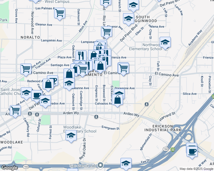 map of restaurants, bars, coffee shops, grocery stores, and more near 2421 Ben Ali Street in Sacramento