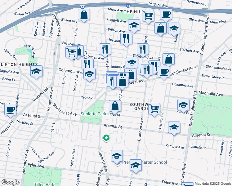 map of restaurants, bars, coffee shops, grocery stores, and more near 5414 Magnolia Avenue in St. Louis