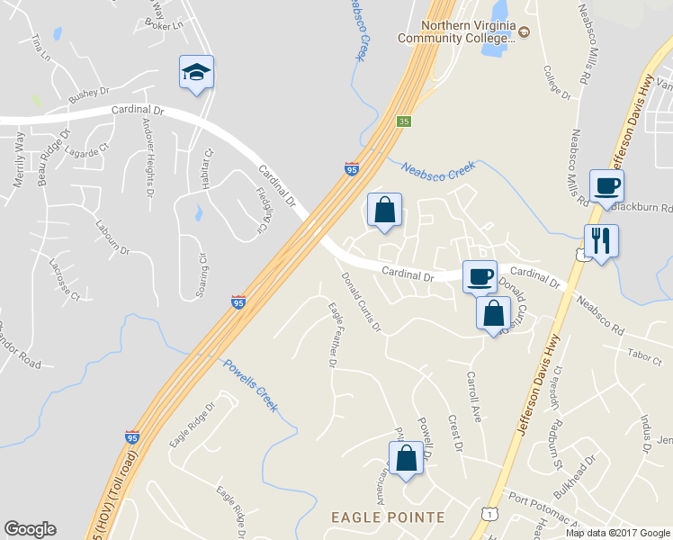 map of restaurants, bars, coffee shops, grocery stores, and more near 15804 Donald Curtis Drive in Woodbridge