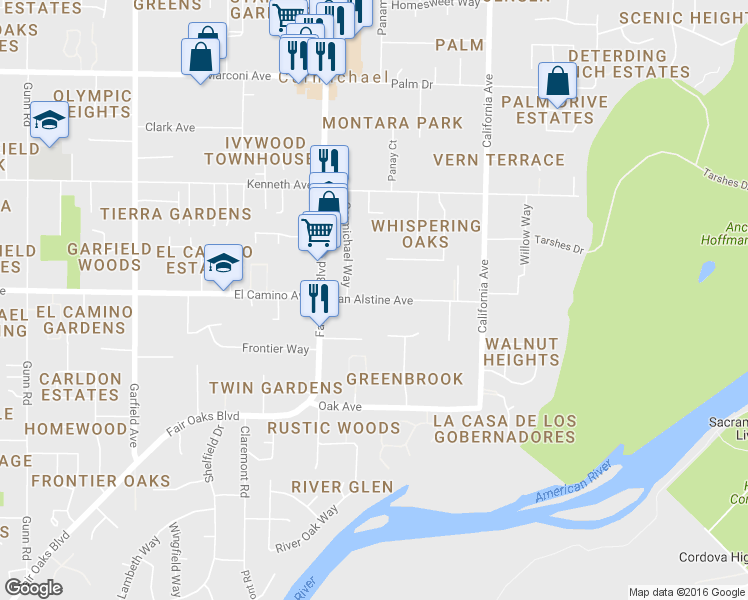 map of restaurants, bars, coffee shops, grocery stores, and more near 6001 Van Alstine Avenue in Carmichael
