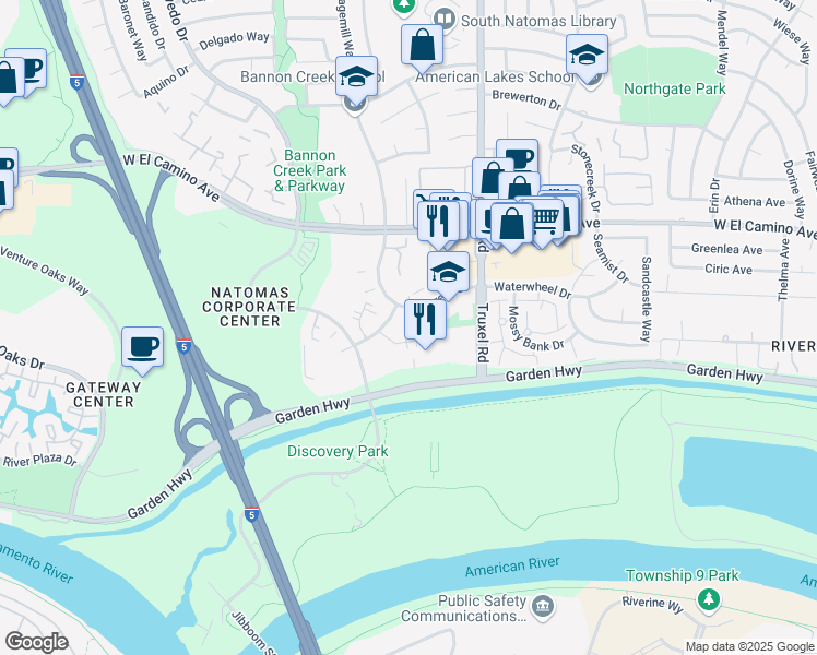 map of restaurants, bars, coffee shops, grocery stores, and more near 1755 Creekside Oaks Drive in Sacramento