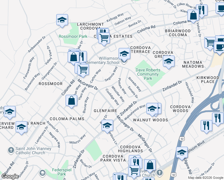 map of restaurants, bars, coffee shops, grocery stores, and more near 2207 Whistler Way in Rancho Cordova