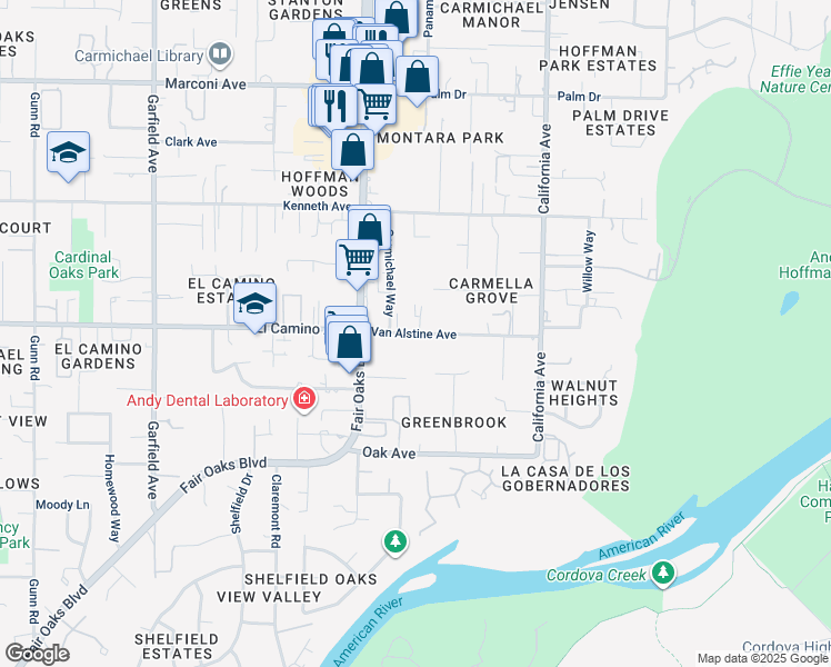 map of restaurants, bars, coffee shops, grocery stores, and more near 6001 Van Alstine Avenue in Carmichael