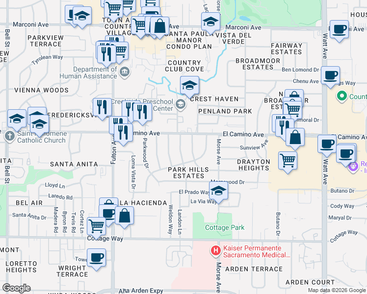 map of restaurants, bars, coffee shops, grocery stores, and more near 2425 Pennland Drive in Sacramento