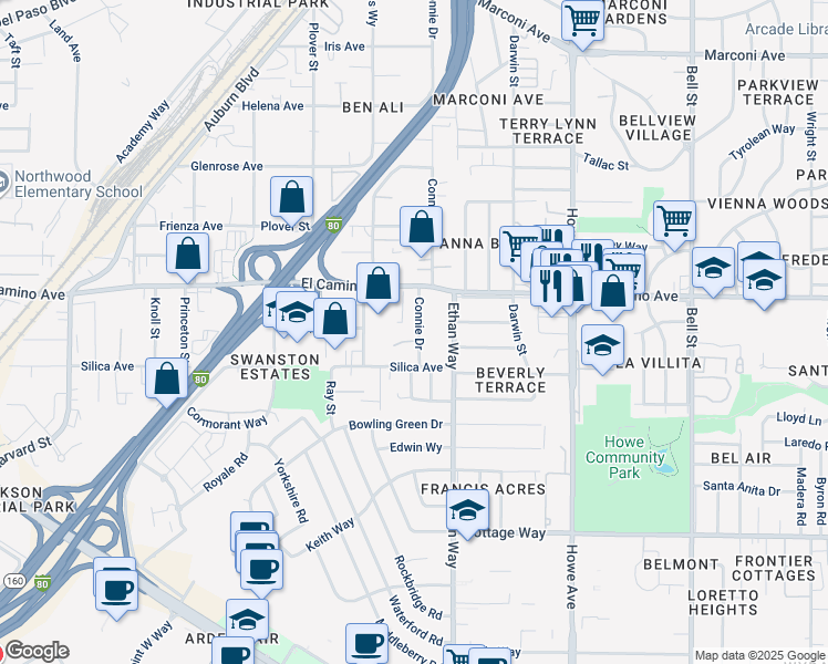 map of restaurants, bars, coffee shops, grocery stores, and more near 2437 Connie Drive in Sacramento