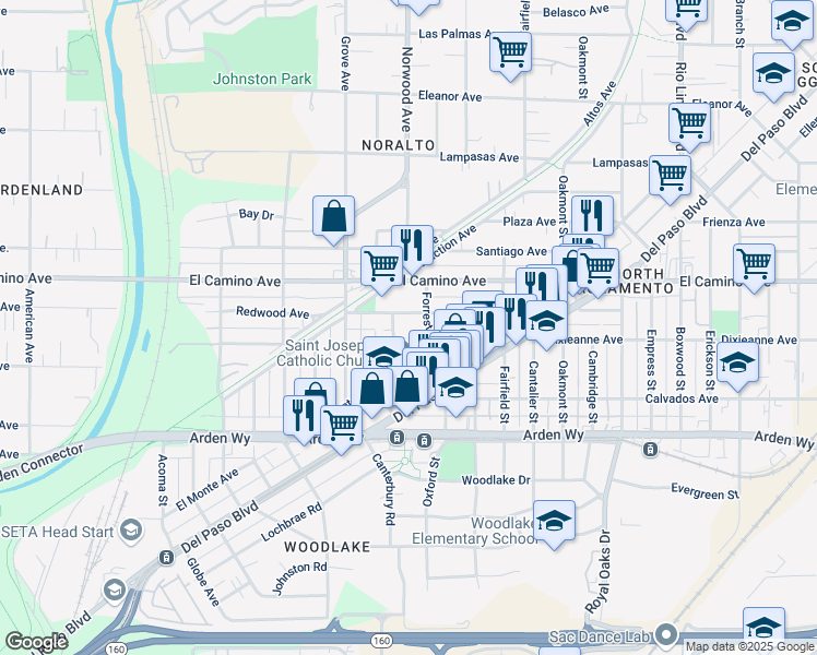 map of restaurants, bars, coffee shops, grocery stores, and more near 495 Redwood Avenue in Sacramento