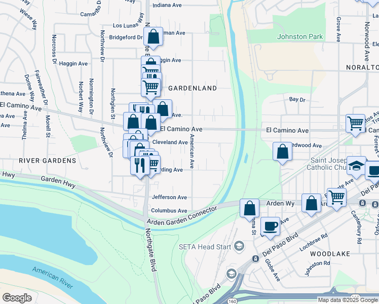 map of restaurants, bars, coffee shops, grocery stores, and more near 2390 American Avenue in Sacramento