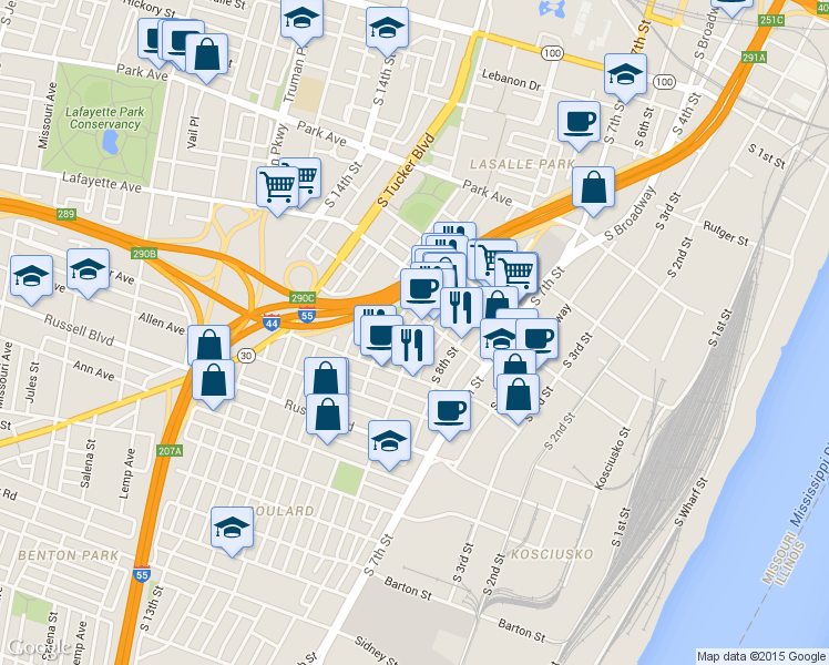 map of restaurants, bars, coffee shops, grocery stores, and more near 904 Soulard Street in St. Louis
