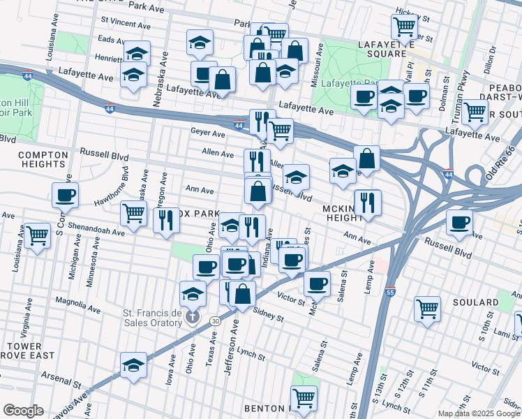 map of restaurants, bars, coffee shops, grocery stores, and more near 2200 South Jefferson Avenue in St. Louis