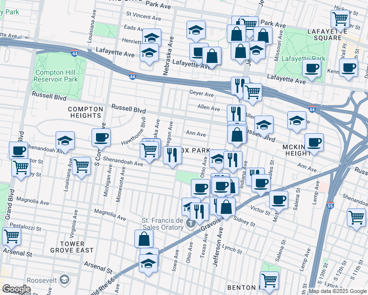 map of restaurants, bars, coffee shops, grocery stores, and more near 2757 Accomac Street in St. Louis
