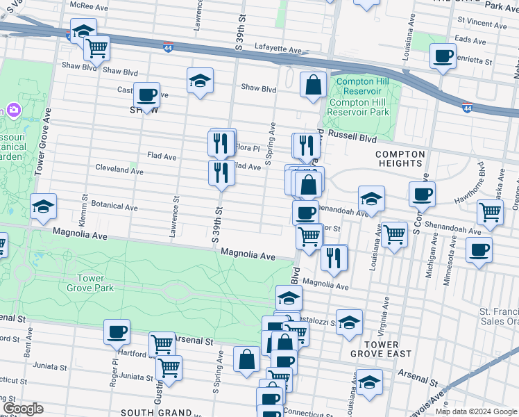 map of restaurants, bars, coffee shops, grocery stores, and more near 3661 Shenandoah Avenue in St. Louis