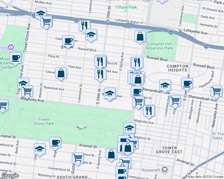 map of restaurants, bars, coffee shops, grocery stores, and more near 3827 Shenandoah Avenue in St. Louis