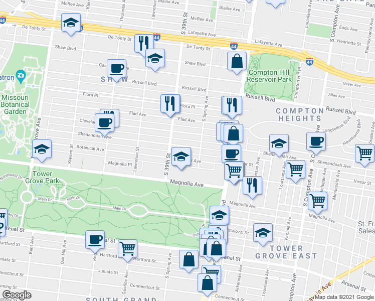 map of restaurants, bars, coffee shops, grocery stores, and more near 3824 Shenandoah Avenue in St. Louis