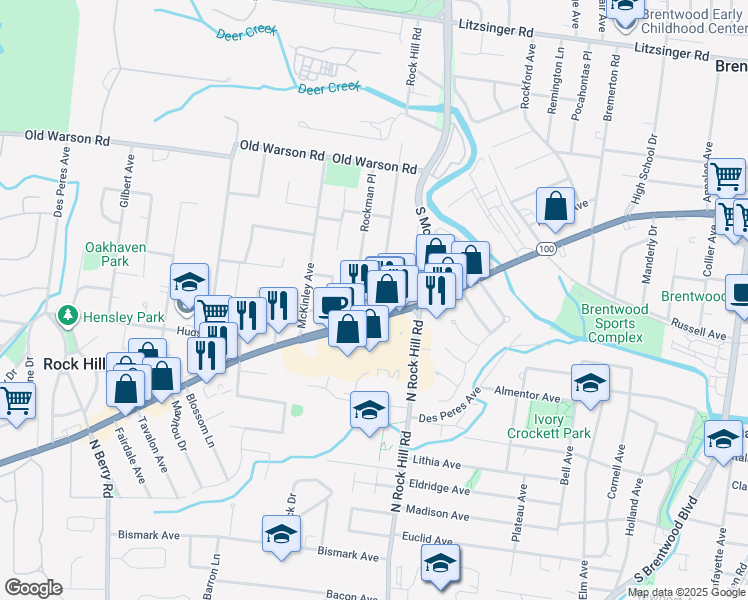 map of restaurants, bars, coffee shops, grocery stores, and more near 9604 Rockman Court in St. Louis