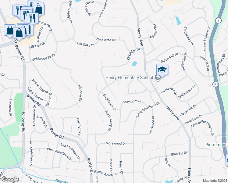 map of restaurants, bars, coffee shops, grocery stores, and more near 480 Hillbrook Drive in Ballwin