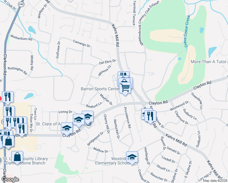 map of restaurants, bars, coffee shops, grocery stores, and more near 1019 Claytonbrook Drive in Ballwin