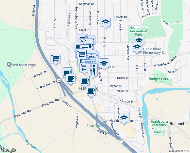 map of restaurants, bars, coffee shops, grocery stores, and more near 230 Center Street in Healdsburg