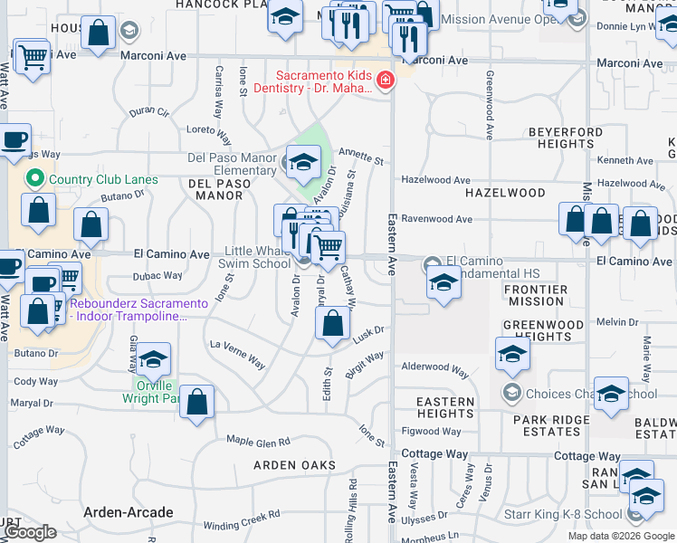 map of restaurants, bars, coffee shops, grocery stores, and more near 4210 El Camino Avenue in Sacramento