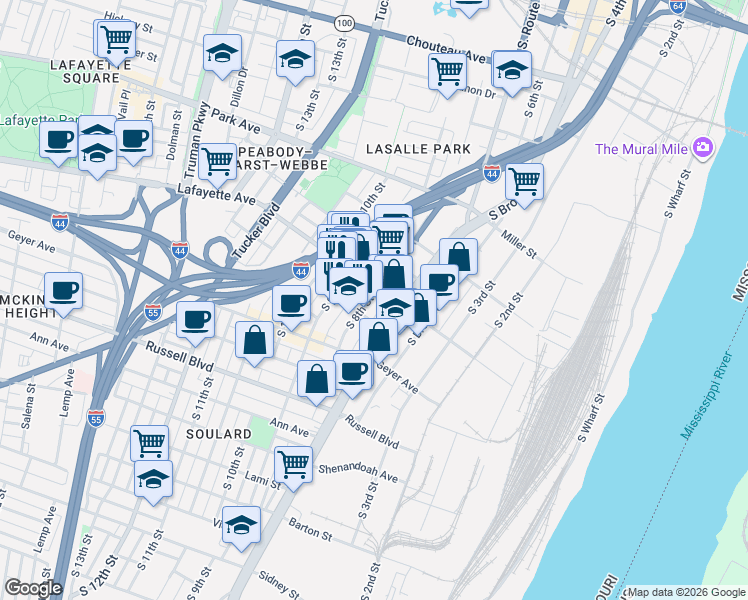 map of restaurants, bars, coffee shops, grocery stores, and more near 1718 South 8th Street in St. Louis