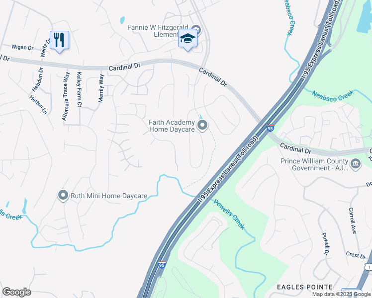 map of restaurants, bars, coffee shops, grocery stores, and more near 3344 Soaring Circle in Woodbridge