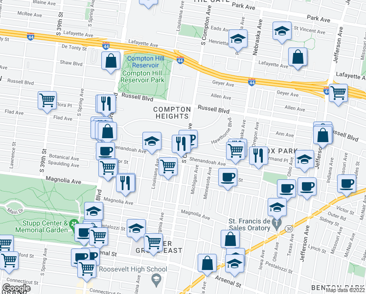 map of restaurants, bars, coffee shops, grocery stores, and more near 3204 Hawthorne Boulevard in St. Louis