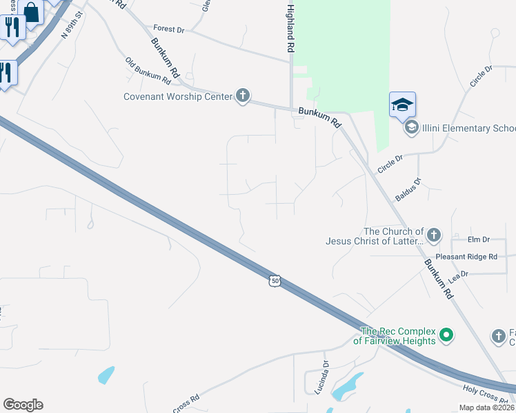 map of restaurants, bars, coffee shops, grocery stores, and more near 9214 Birchwood Ct in Fairview Heights