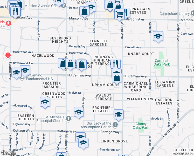 map of restaurants, bars, coffee shops, grocery stores, and more near 2464 Via Camino Avenue in Carmichael