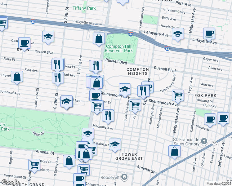 map of restaurants, bars, coffee shops, grocery stores, and more near 3463 Shenandoah Avenue in St. Louis