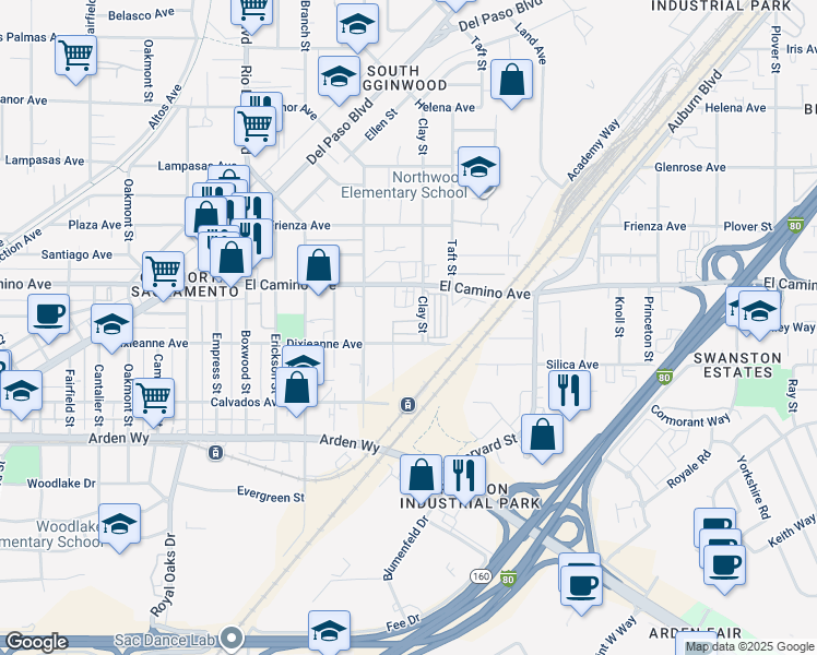 map of restaurants, bars, coffee shops, grocery stores, and more near in Sacramento