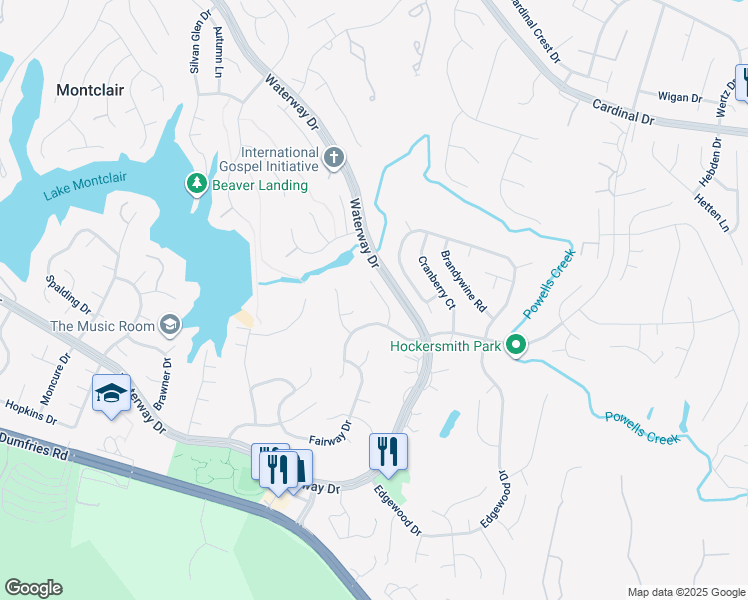 map of restaurants, bars, coffee shops, grocery stores, and more near 15888 Cliffbrook Court in Dumfries