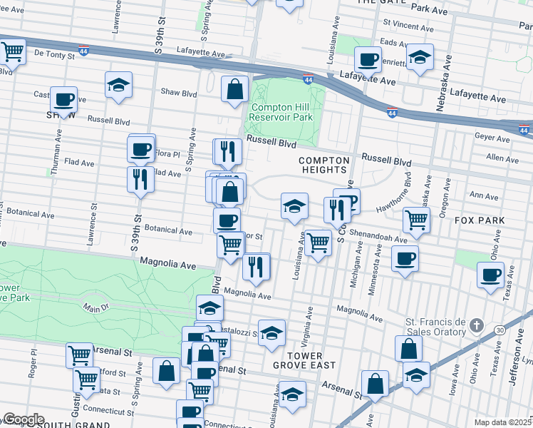 map of restaurants, bars, coffee shops, grocery stores, and more near 3463 Shenandoah Avenue in St. Louis