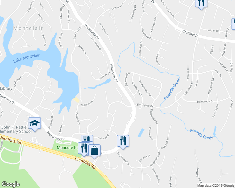 map of restaurants, bars, coffee shops, grocery stores, and more near 15888 Cliffbrook Court in Dumfries