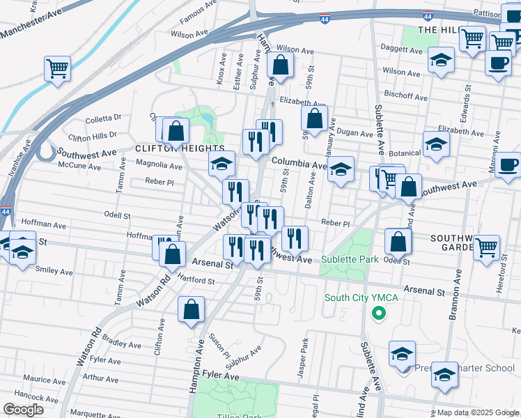 map of restaurants, bars, coffee shops, grocery stores, and more near 2718 Hampton Avenue in St. Louis