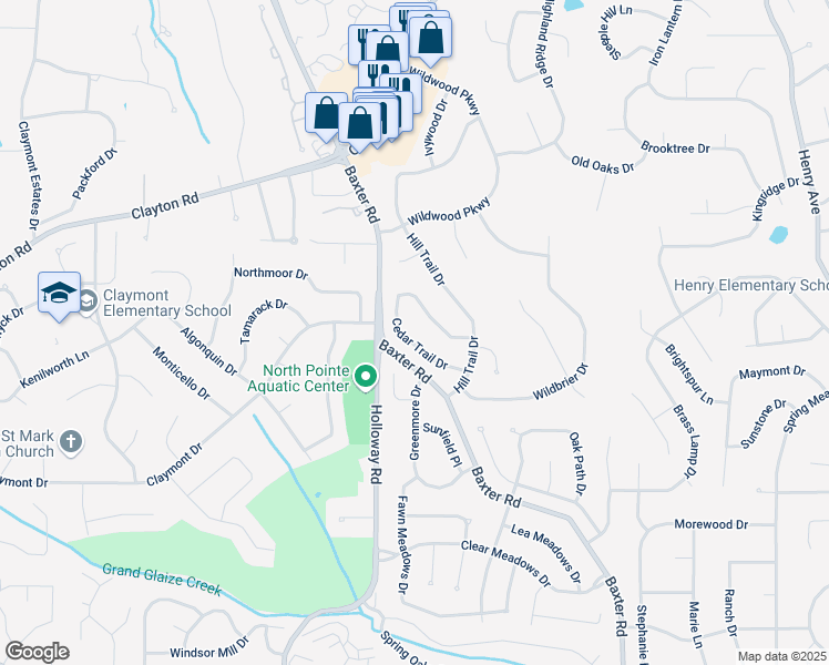 map of restaurants, bars, coffee shops, grocery stores, and more near 240 Aspen Trail Drive in Ballwin