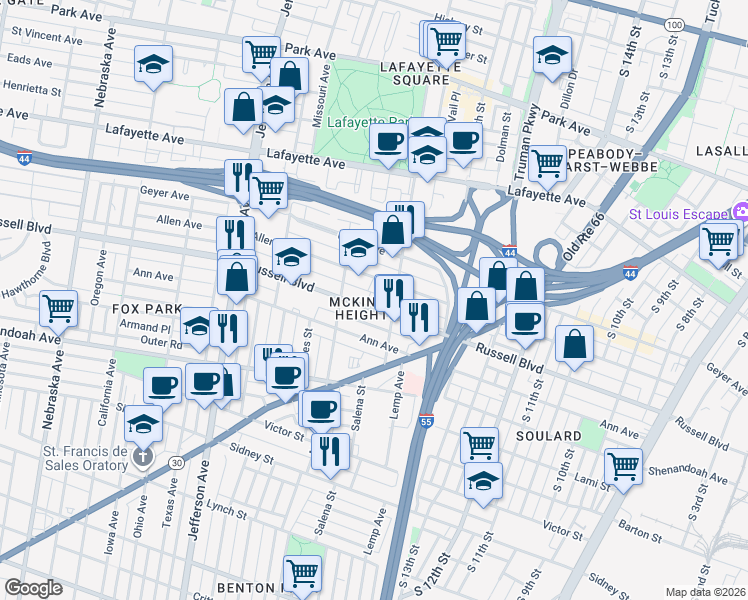map of restaurants, bars, coffee shops, grocery stores, and more near 2031 Russell Boulevard in St. Louis