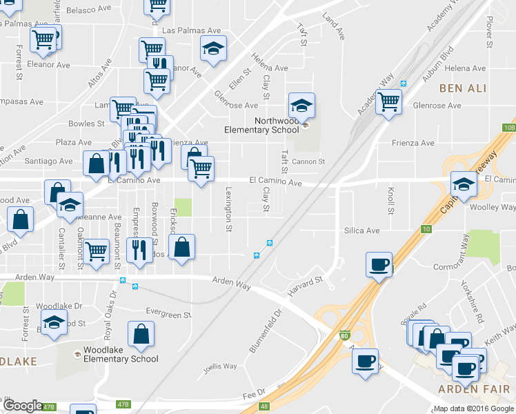 map of restaurants, bars, coffee shops, grocery stores, and more near in Sacramento