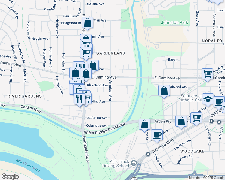 map of restaurants, bars, coffee shops, grocery stores, and more near 2390 American Avenue in Sacramento