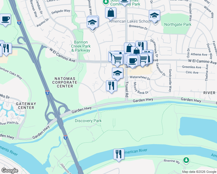 map of restaurants, bars, coffee shops, grocery stores, and more near 1755 Creekside Oaks Drive in Sacramento