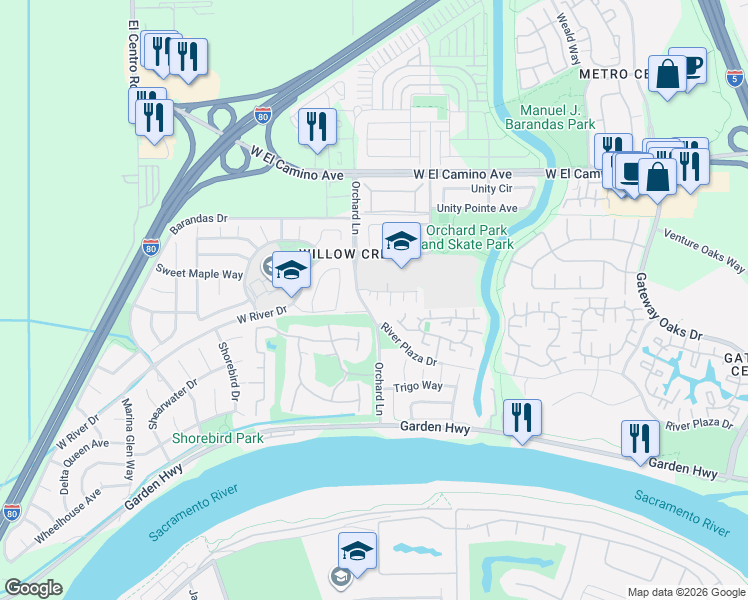 map of restaurants, bars, coffee shops, grocery stores, and more near 260 Soaring Hawk Lane in Sacramento