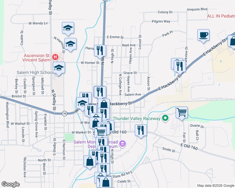 map of restaurants, bars, coffee shops, grocery stores, and more near 500-798 N College Ave in Salem