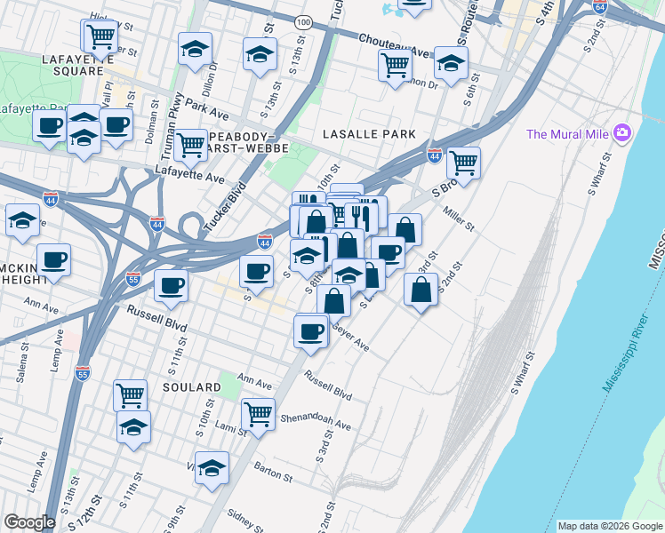 map of restaurants, bars, coffee shops, grocery stores, and more near 1001 Lafayette Avenue in St. Louis