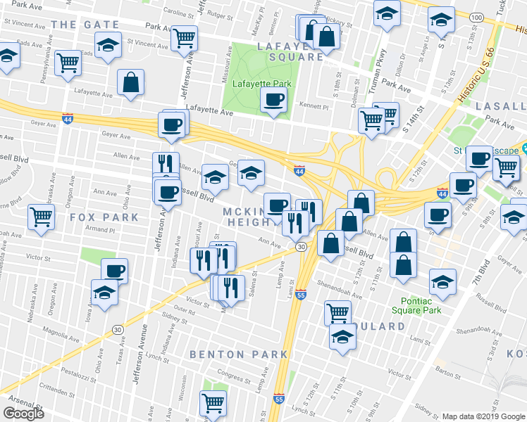 map of restaurants, bars, coffee shops, grocery stores, and more near 2031 Russell Boulevard in St. Louis