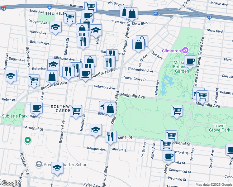 map of restaurants, bars, coffee shops, grocery stores, and more near 2607 South Kingshighway Boulevard in St. Louis