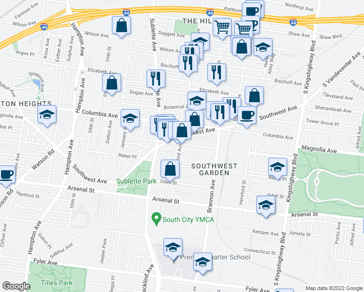 map of restaurants, bars, coffee shops, grocery stores, and more near 5414 Magnolia Avenue in St. Louis