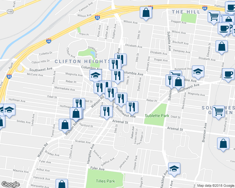 map of restaurants, bars, coffee shops, grocery stores, and more near in St. Louis