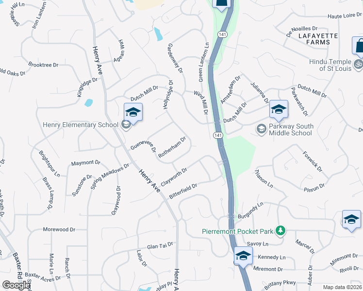 map of restaurants, bars, coffee shops, grocery stores, and more near 815 Rotherham Drive in Ballwin